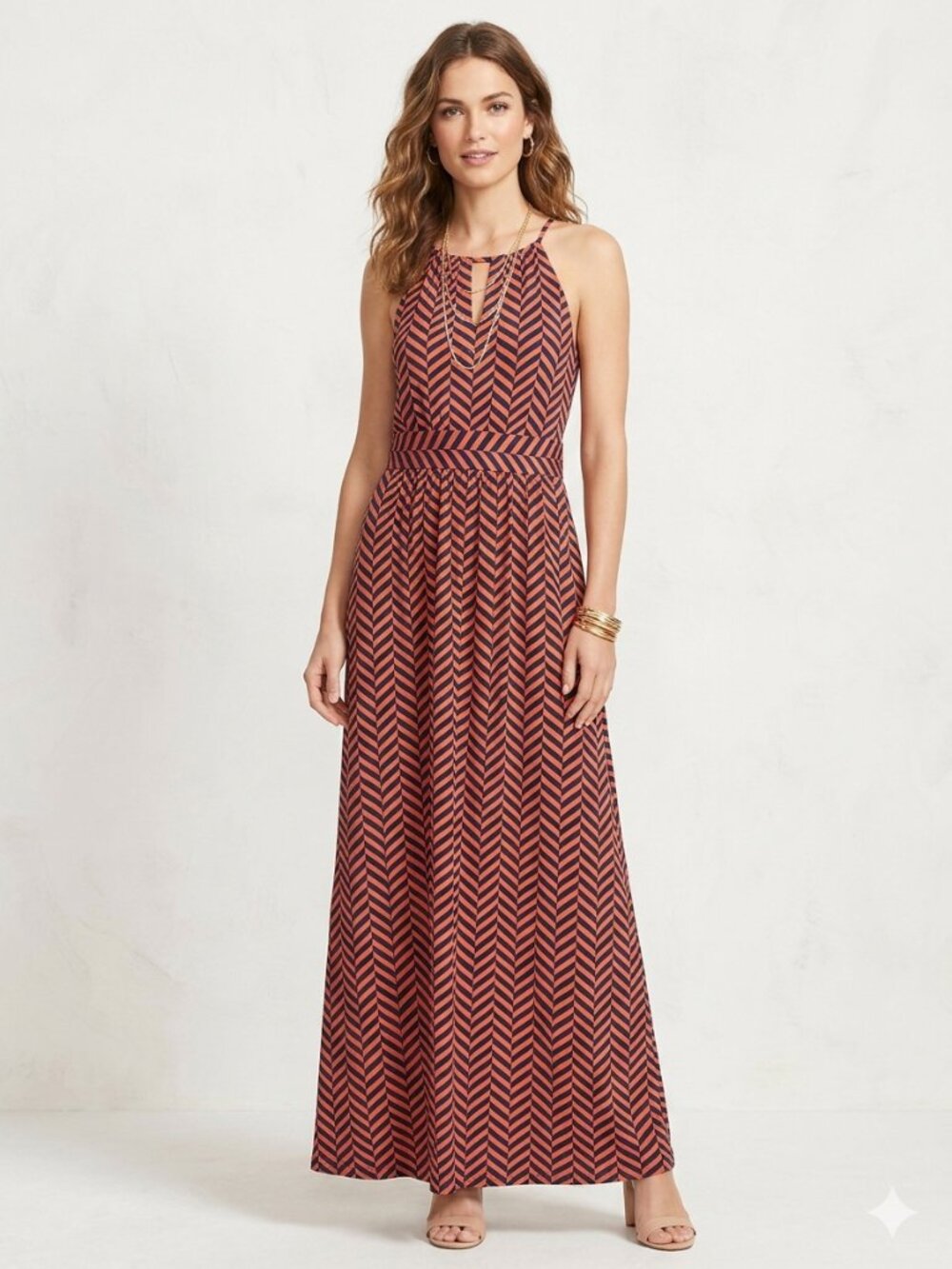 LOFT Chevron Halter Maxi Dress Orange Navy Blue Keyhole Size M